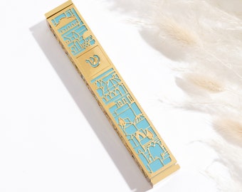 Modern Mezuzah Case , 24k Gold plated with Jerusalem Cut Out and a Gift Box, a Jewish Home Blessing that can be used for Outdoor or Indoor