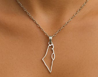 Silver Israel Map Necklace: Stainless Steel Adjustable Chain