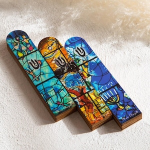 Wooden Mezuzah Case Chagall Windows Design with Gift Box + Printed Scroll