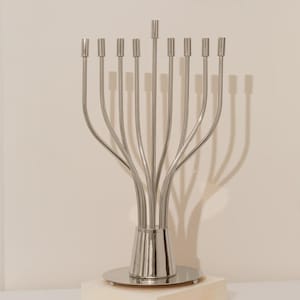 Chanukah Menorah Made of Nickel and Gold Plating - Modern 9-Branch Menorah, Hanukkah Gift, Jewish Art, Traditional & Decorative