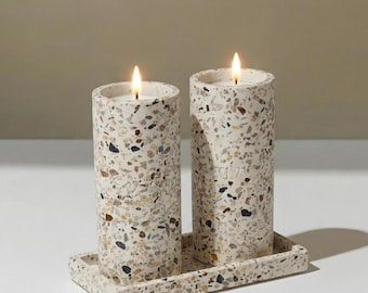 Conjunto de porta-velas de terrazzo para Shabat com bandeja combinando - Série Stone Glow