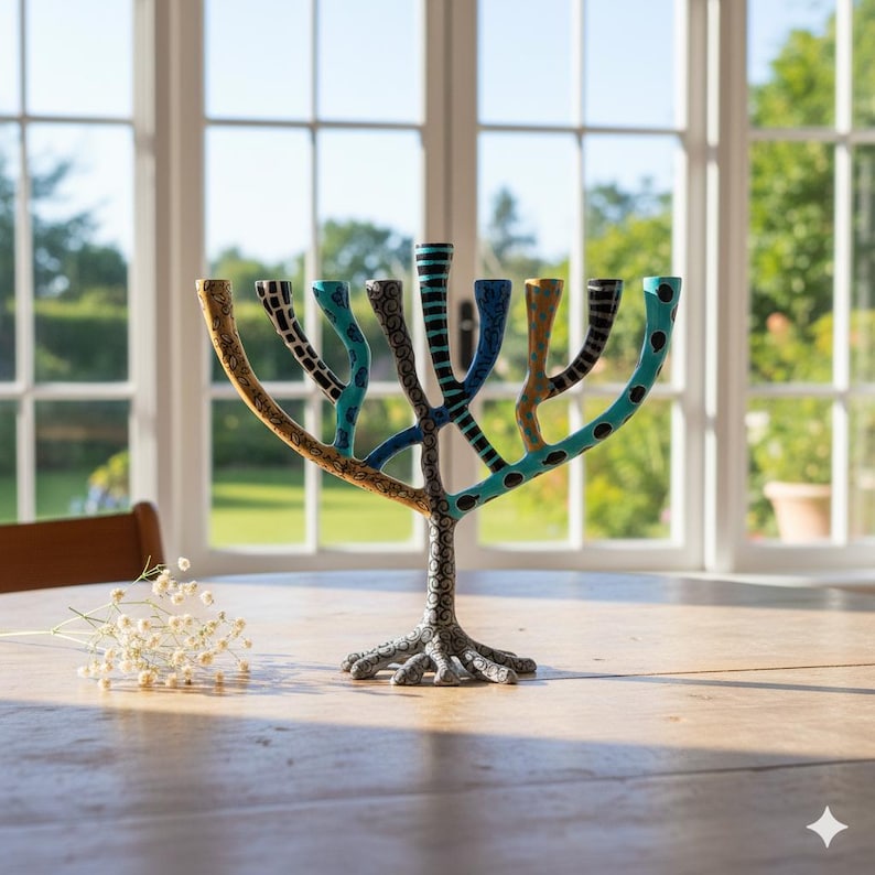 Handmade Enamel-Painted Hanukkah Menorah - The Wild Tree Collection | Unique Animal Designs for Elegant Celebrations image 3