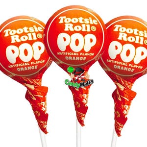 May include: Three Tootsie Roll POP lollipops with orange artificial flavor. Each lollipop has a red wrapper and a white stick. The Tootsie Roll POP logo is printed on the round candy.