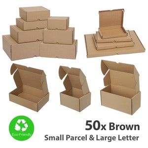 Pack of 50 Brown or Sample Cardboard Shipping Boxes, Easy to Fold Small Storage Parcel, Royal Mail Large Letter Empty Package Set