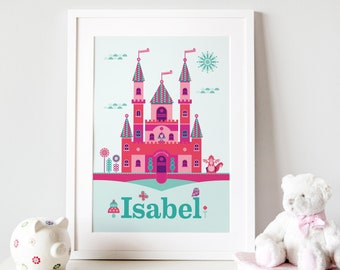 Gepersonaliseerde Princess Castle Print | Nieuwe Baby Gift | Geboortegegevens Print | Kinderkamer inrichting | UNFRAMED