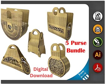 Laser Cut Handbag Pattern Bundle, 5 Purse Designs (svg, dxf, ai, pdf)