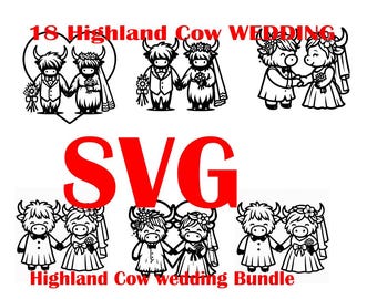 Highland Cow Wedding SVG Bundle 18 Designs - Bride Groom Couple Cut Files - Wedding Clipart