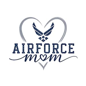 May include: A navy blue and gray graphic design featuring the text "AIRFORCE mom" in a heart shape. The Air Force emblem is at the top, with a heart-shaped design around the text. The design is on a white background.