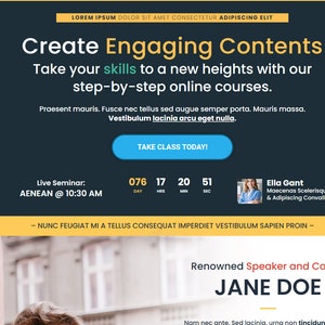 May include: A woman sits by a window, looking thoughtfully at something off-screen. She is wearing a brown shirt and jeans and holding a mug. The text on the page reads "Create Engaging Contents" and "Take your skills to a new heights with our step-by-step online courses." The text also includes the name "Jane Doe" and the title "Renowned Speaker and Coach".
