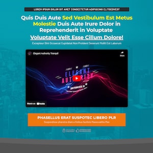 May include: A screenshot of a website with a blue background and a video player featuring a red and blue abstract design. The video player has the text "Elegant Authority Tranquil" and a play button. The text "Quis Duis Aute Sed Vestibulum Est Metus Molestie Duis Aute Irure Dolor in Reprehenderit in Voluptate Voluptate Velit Esse Cillum Dolore!" is displayed above the video player. The text "PHASELLUS ERAT SUSPOTEC LIBERO PLR" is displayed below the video player.