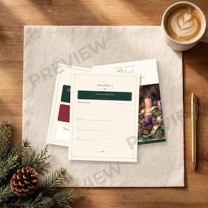 Könnte beinhalten: Eine cremefarbene Advents-Andachtskarte mit dem Text December 1, einer dunkelgrünen Kopfzeile und linierten Abschnitten zum Schreiben. Die Karte liegt auf einer zweiten Karte mit einer brennenden Kerze und einem goldenen Stift.