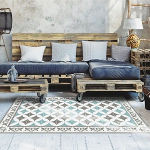 Dywan linoleum Istanbul White, beżowa mata winylowa, niebieska mata podłogowa winylowa, dywan winylowy z płytek, mata podłogowa, podłoga winylowa, dywany i maty winylowe