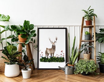 Deer among flowers, Framed Reindeer Moss Wall Art, Preserved Moss, 3D effect, Handmade, Prints