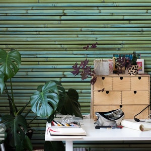 Bamboo Fence Green And Blue Background Boho, Removable Raw Wallpaper, Peel And Stick Roll, Rustic Home Style, Traditional Mural, Plant
