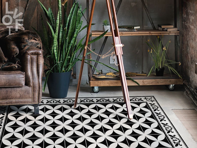 Istanbul Black Linoleum Rug, Black Vinyl Mat, White Vinyl Floor Mat, Tile Vinyl Rug, PVC Mat, Area Rug, Comfort Mat