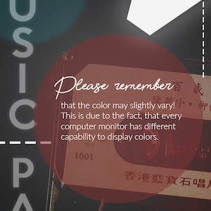 May include: A red cassette tape with the text "Please remember that the color may slightly vary! This is due to the fact, that every computer monitor has different capability to display colors." and "香港藍寶石唱片" in Chinese characters. The cassette tape is in focus and the background is blurred.