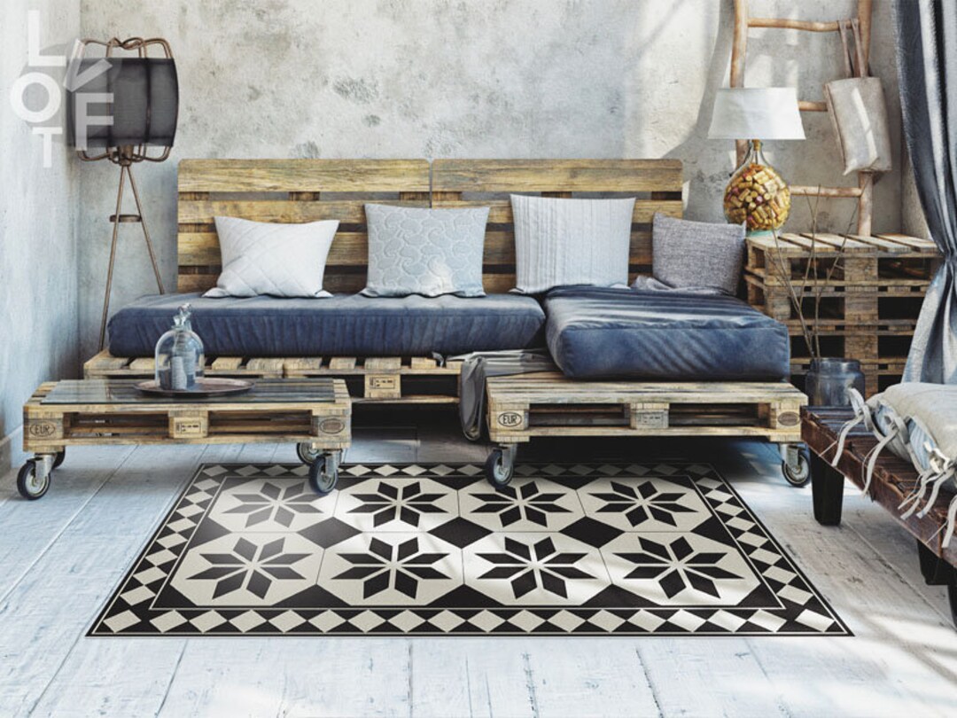 Geometry Stars Linoleum Rug, Black Vinyl Floor Mat, Gray Vinyl Rug ...