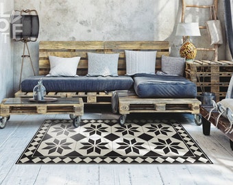Geometry Stars Linoleum Rug, Black Vinyl Floor Mat, Gray Vinyl Rug, Tile Vinyl Mat, Bath Mat, Livingroom Rug, Art Mat, Nursery Rug