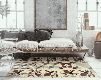 Floral Fantasy Linoleum Rug, Beige Vinyl Mat, Brown Vinyl Floor Mat, Oriental Vinyl Rug, Floor Mat, Livingroom Rug, Comfort Mat