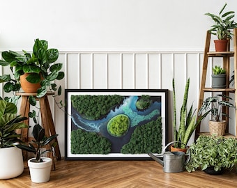 Island in a backwater, Framed Reindeer Moss Wall Art, Preserved Moss, DIY, Art Framed, Retro