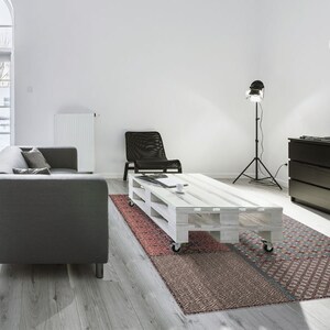 May include: A gray sofa with pillows sits in a modern living room with a white pallet coffee table and a black floor lamp. A patterned rug with red, blue, and gray colors is on the floor. The text "LOFT" is on the wall.