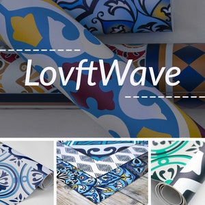 May include: Three rolls of patterned vinyl flooring with a blue, white, and yellow geometric design. The rolls are labeled "LovtWave".