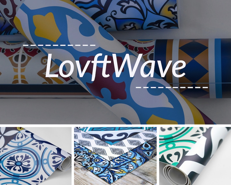 May include: Three rolls of patterned vinyl flooring with a blue, white, and yellow geometric design. The rolls are labeled "LovtWave".