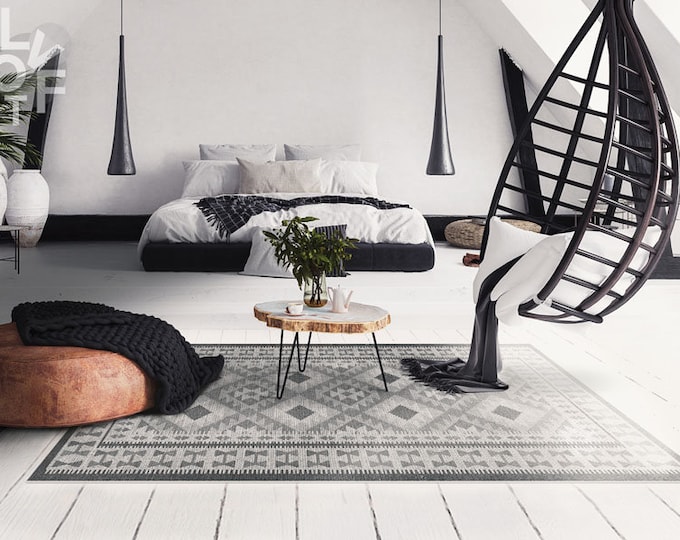 Patchwork Vinyl Rug, Eclectic Vinyl Rug, Gray and Black Vinyl Floor Mat ...