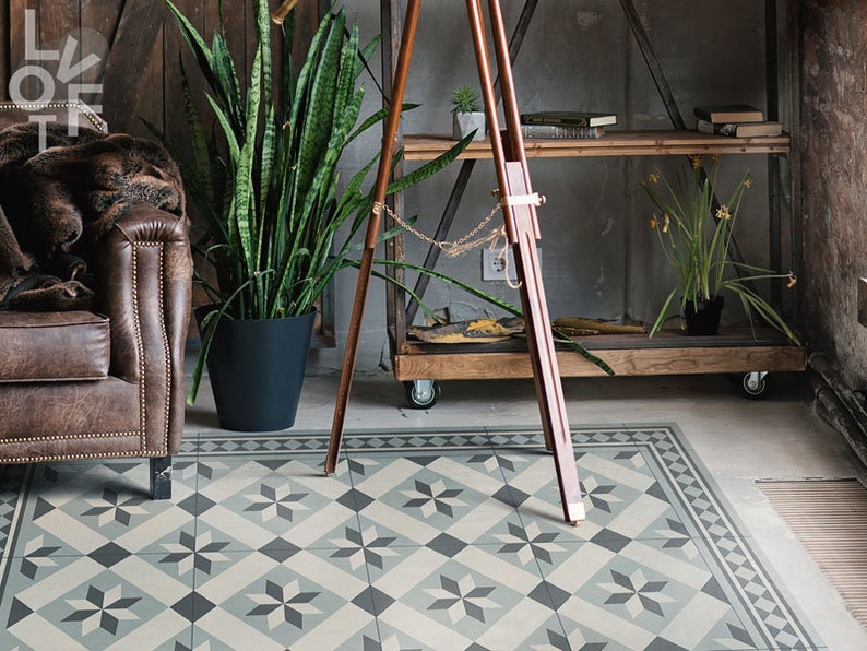 Geometry Mosaic Linoleum Rug, Beige Vinyl Floor Mat, Gray Vinyl Rug, Tile Vinyl Mat, Floor Mat, Area Rug, Comfort Mat, Nursery Rug image 1