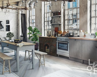 May include: A rustic kitchen with a large wooden table and two benches. The kitchen has a white brick wall, large windows, and a stainless steel oven. There are shelves above the counter with various kitchen items.
