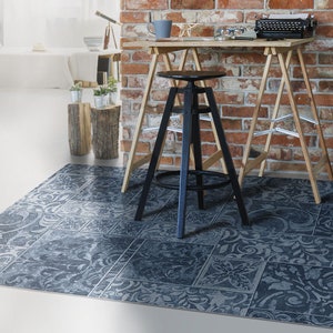 Museum Trip Linoleum Rug, Blue Vinyl Mat, Gray Vinyl Floor Mat, Tile Vinyl Rug, Floor Mat, Decorative Mat, Art Mat, Nursery Rug