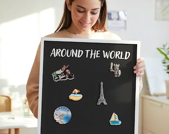 Around The World Kitchen Board For Magnets, Black Metal Magnet Board, Minimalist Modern Wall Decor, Texts Pattern