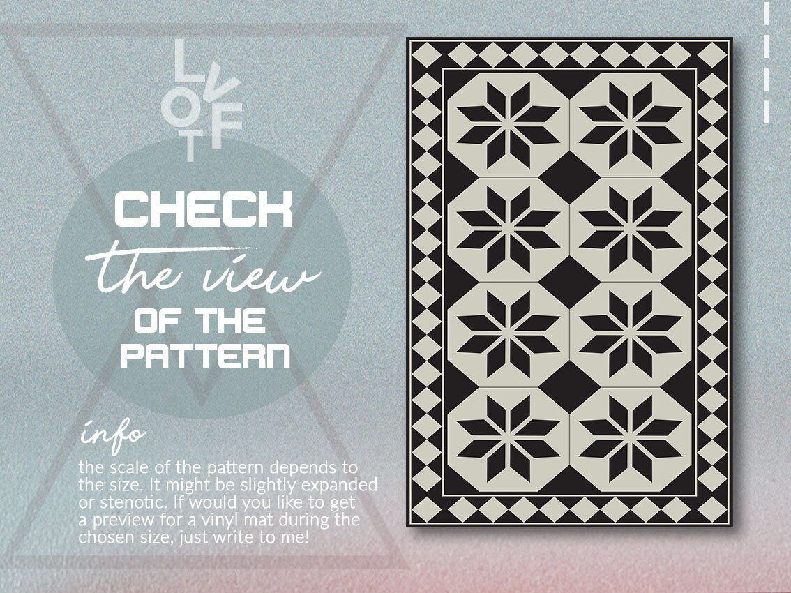 Geometry Stars Linoleum Rug, Black Vinyl Floor Mat, Gray Vinyl Rug ...