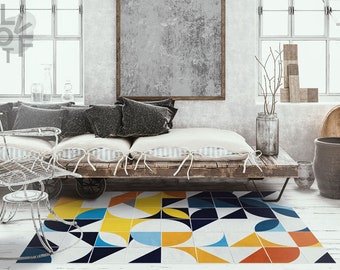 Modern Art Linoleum Rug, Yellow Vinyl Floor Mat, Navy Vinyl Rug, Geometric Vinyl Mat, Floor Mat, Vinyl Flooring, Vinyl Rugs and Mats