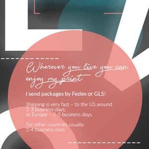 May include: Graphic design illustration with the text "Wherever you live you can enjoy my print". The text is written in a handwritten style. The illustration features a pink circle with a black circle behind it. The background is black with a white and blue geometric design.