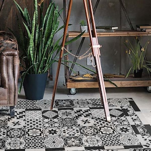 Spanische Fliesen Schwarzer Linoleumteppich, schwarze Vinylmatte, weiße Vinylbodenmatte, Fliesen-Vinylteppich, Küchenmatte, Wohnzimmerteppich, Küchenmatte für Boden