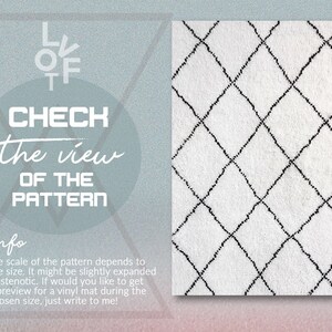 May include: A white rug with a black diamond pattern. The text "CHECK the view OF THE PATTERN" is written in white on a blue background. The text "info" is written in white on a blue background. The text "the scale of the pattern depends to the size. It might be slightly expanded or stenotic. If would you like to get a preview for a vinyl mat during the chosen size, just write to me!" is written in black on a blue background.