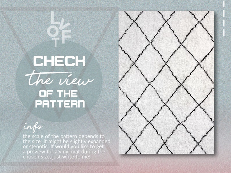 May include: A white rug with a black diamond pattern. The text "CHECK the view OF THE PATTERN" is written in white on a blue background. The text "info" is written in white on a blue background. The text "the scale of the pattern depends to the size. It might be slightly expanded or stenotic. If would you like to get a preview for a vinyl mat during the chosen size, just write to me!" is written in black on a blue background.