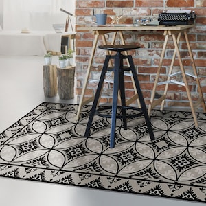 Mono Floral Linoleum Teppich, Schwarze Vinyl Bodenmatte, Beige Vinyl Bodenmatte, Fliesen Vinyl Teppich, Bodenmatte, Wohnzimmer Teppich, Kunst Matte, Kinderzimmer Teppich