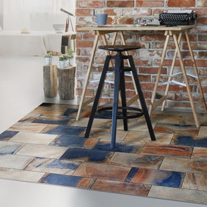 Tappeto in linoleum Rio Streets, tappetino in vinile blu, tappetino in vinile bronzo, tappeto in vinile piastrellato, tappetino da cucina, tappetino decorativo, tappetini da cucina per pavimenti