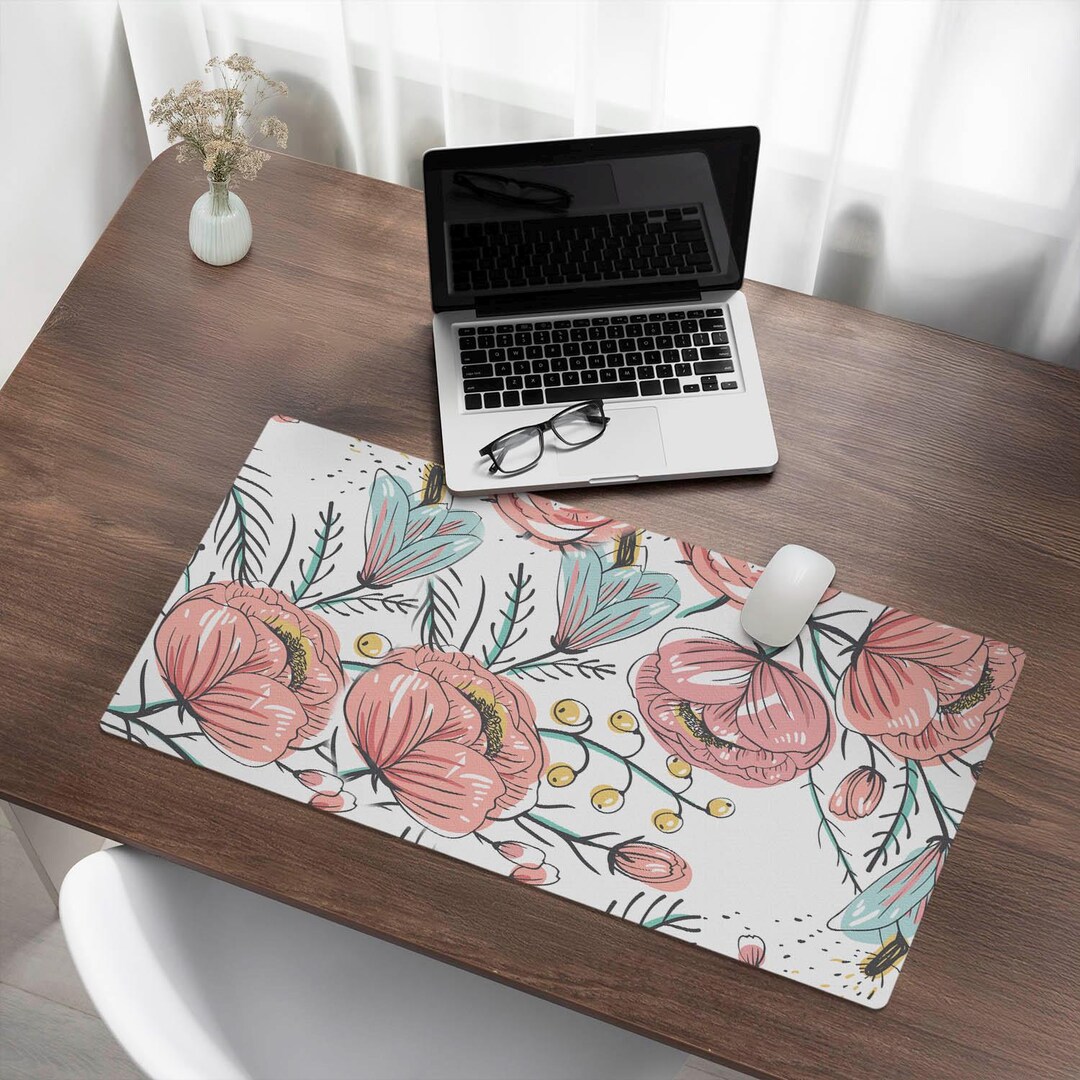 Pink Computer Table Mat Floral Retro Pattern Desk Mat, Pink Desk Pad, PVC Table Protector ...