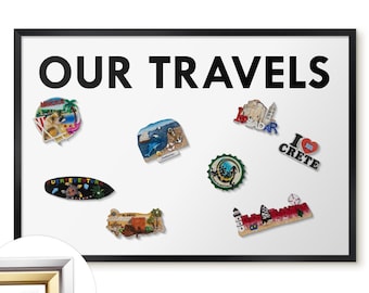 Our Travels Decorative Magnet Board, White Metal Magnet Board, Minimalist Minimalist Room Decor, Texts Pattern
