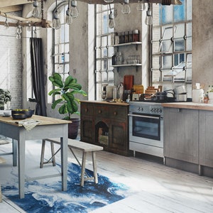 Dywan Linoleum Paint Wave, Niebieski dywanik winylowy, Biały dywanik winylowy, Marmurowy dywanik winylowy, Mata podłogowa, Podłoga winylowa, Dywaniki kuchenne na podłogę