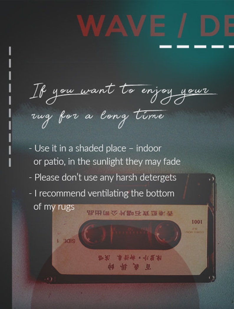 May include: A vintage cassette tape with a red and black design. The tape has text in Chinese and English. The text reads "WAVE / DE" and "If you want to enjoy your rug for a long time".