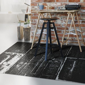 Ancient Tales Linoleum Rug, Black Vinyl Rug, White Vinyl Mat, Geometric Vinyl Floor Mat, Bath Mat, Vinyl Flooring, Kitchen Mats For Floor