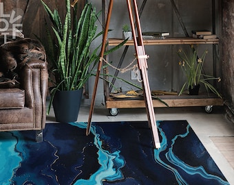 Deep Blue Sea Linoleum Rug, Turquoise Vinyl Rug, Navy Vinyl Mat, Marble Vinyl Floor Mat, Floor Mat, Area Rug, Kitchen Mats For Floor