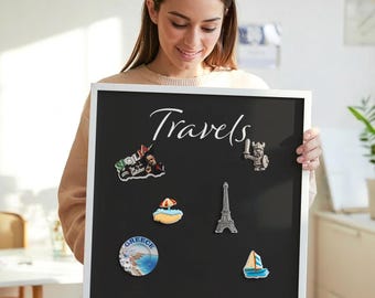 Travels Framed Magnetic Board, Black Decorative Magnet Board, Minimalist Aesthetic Wall Hanging, Texts Pattern