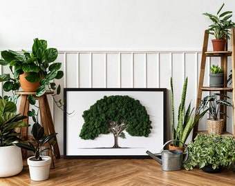 Tree on a white background, Framed Reindeer Moss Wall Art, Preserved Moss, Reindeer Moss Decor Ideas, Modern, Handmade