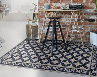 Istanbul Blue Linoleum Rug, Beige Vinyl Rug, Navy Vinyl Mat, Tile Vinyl Floor Mat, Floor Mat, Livingroom Rug, Vinyl Rugs and Mats