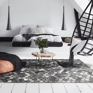 Blurry Hexagons Linoleum Rug, Black Vinyl Floor Mat, White Vinyl Rug, Geometric Vinyl Mat, Floor Mat, Livingroom Rug, Comfort Mat